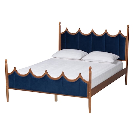 Baxton Studio Calgary Retro-Modern Royal Blue Velvet Fabric and Walnut Brown Wood Queen Size Platform Bed 245-13442-ZORO